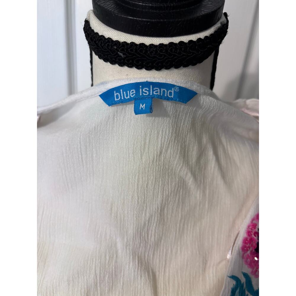 Blue Island Beach Coverup Women's Medium White Tropical Beaded Flowers - Picture 2 of 8